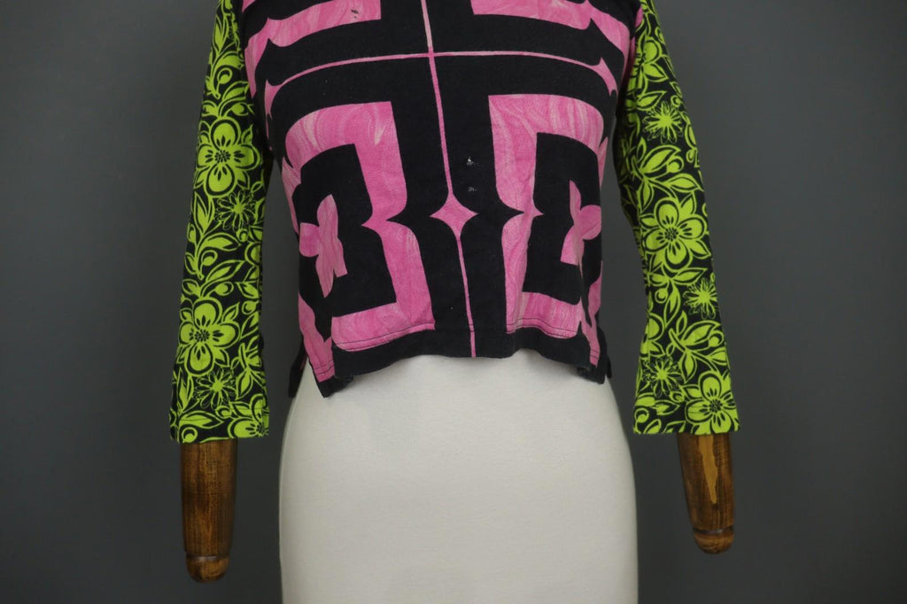CUSTO BARCELONA Multi Floral Cotton Long Sleeve Round Neck Crop Blouse Top Sz M