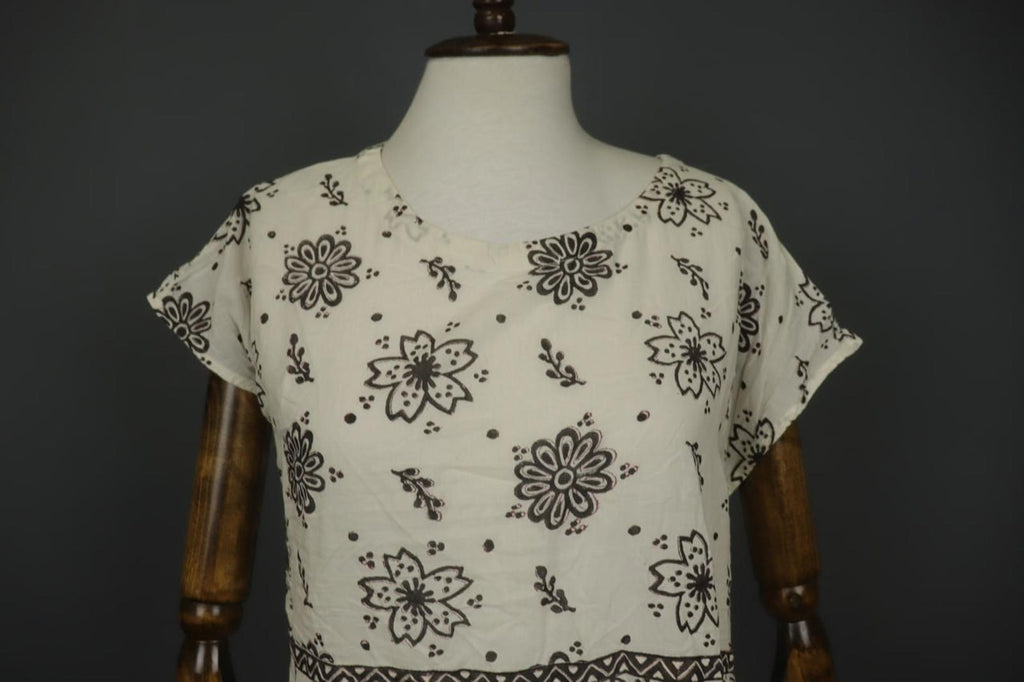 GUDRUN SJODEN White & Black Floral Cotton Cap Sleeve Crew Neck Sheath Dress Sz S