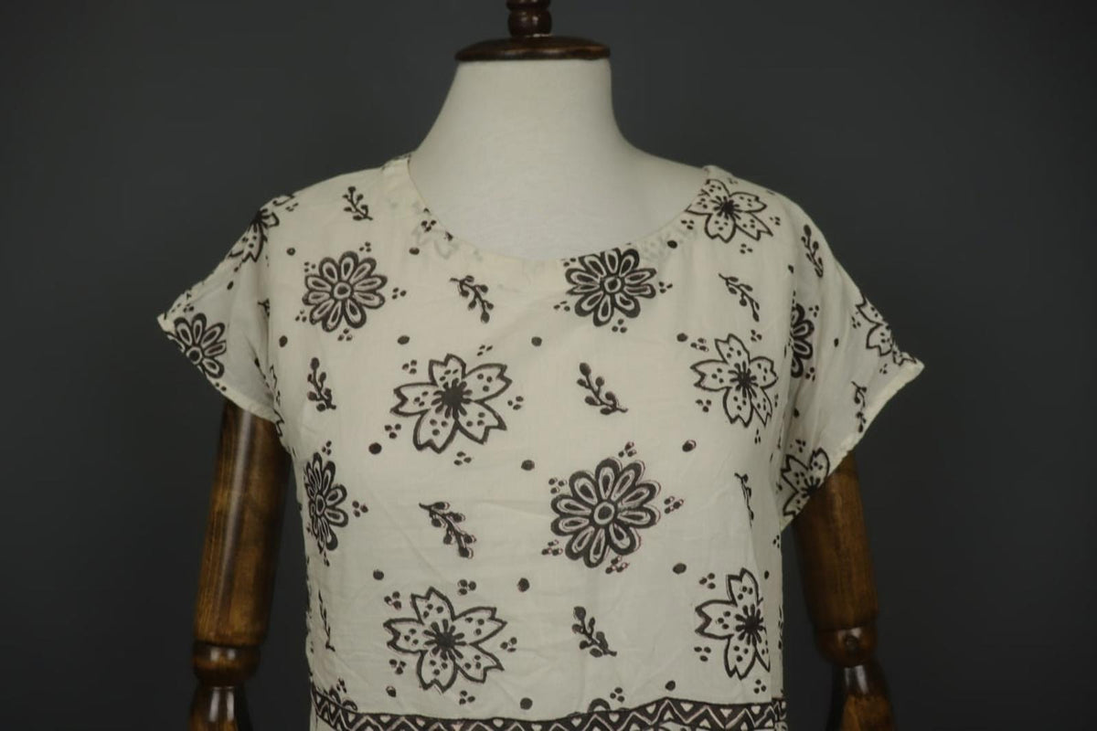 GUDRUN SJODEN White & Black Floral Cotton Cap Sleeve Crew Neck Sheath Dress Sz S