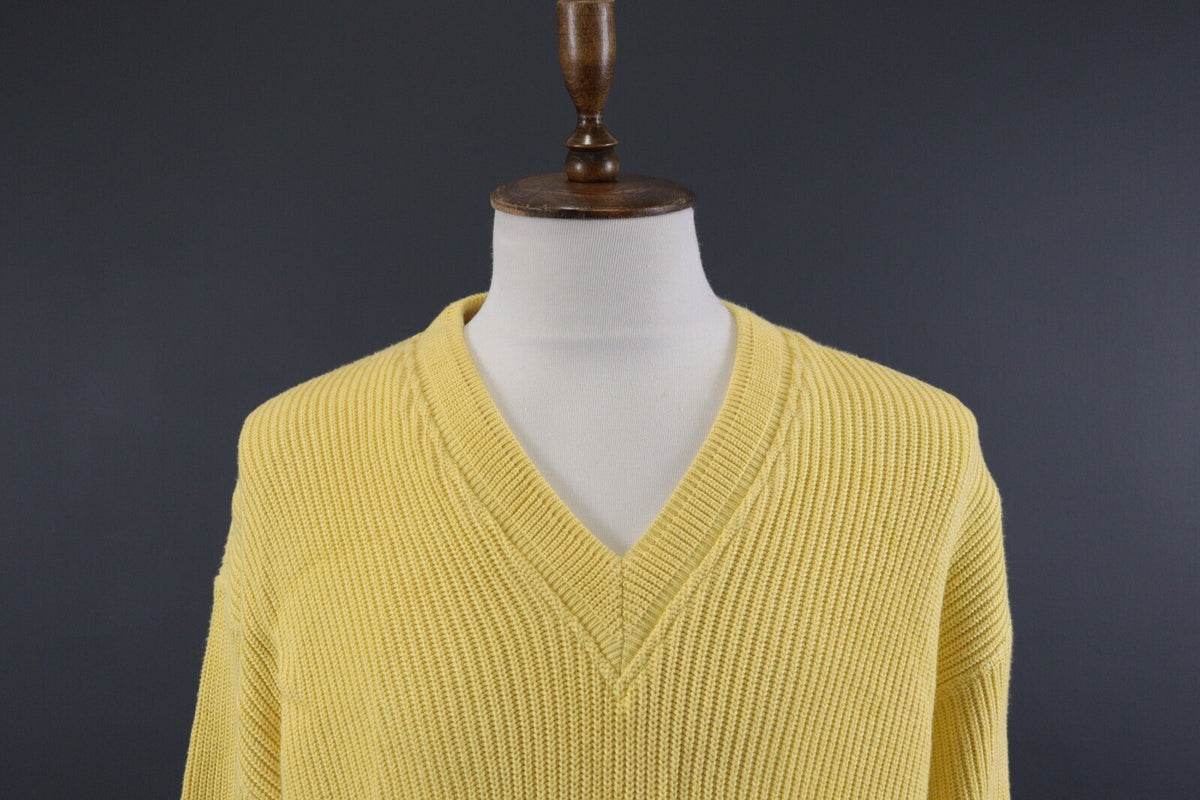 Carlo Colucci Yellow Knit Ribbed V-Neck Wool Sweater – Size L-XL US 44 EU 554