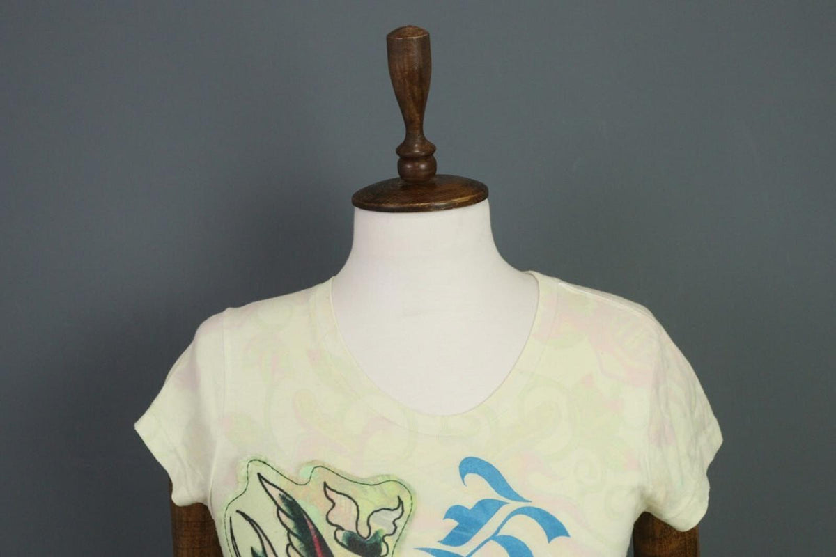 ED HARDY Blouse Shirt Love Kills Slowly Beige Printed Short Sleeve – Size S
