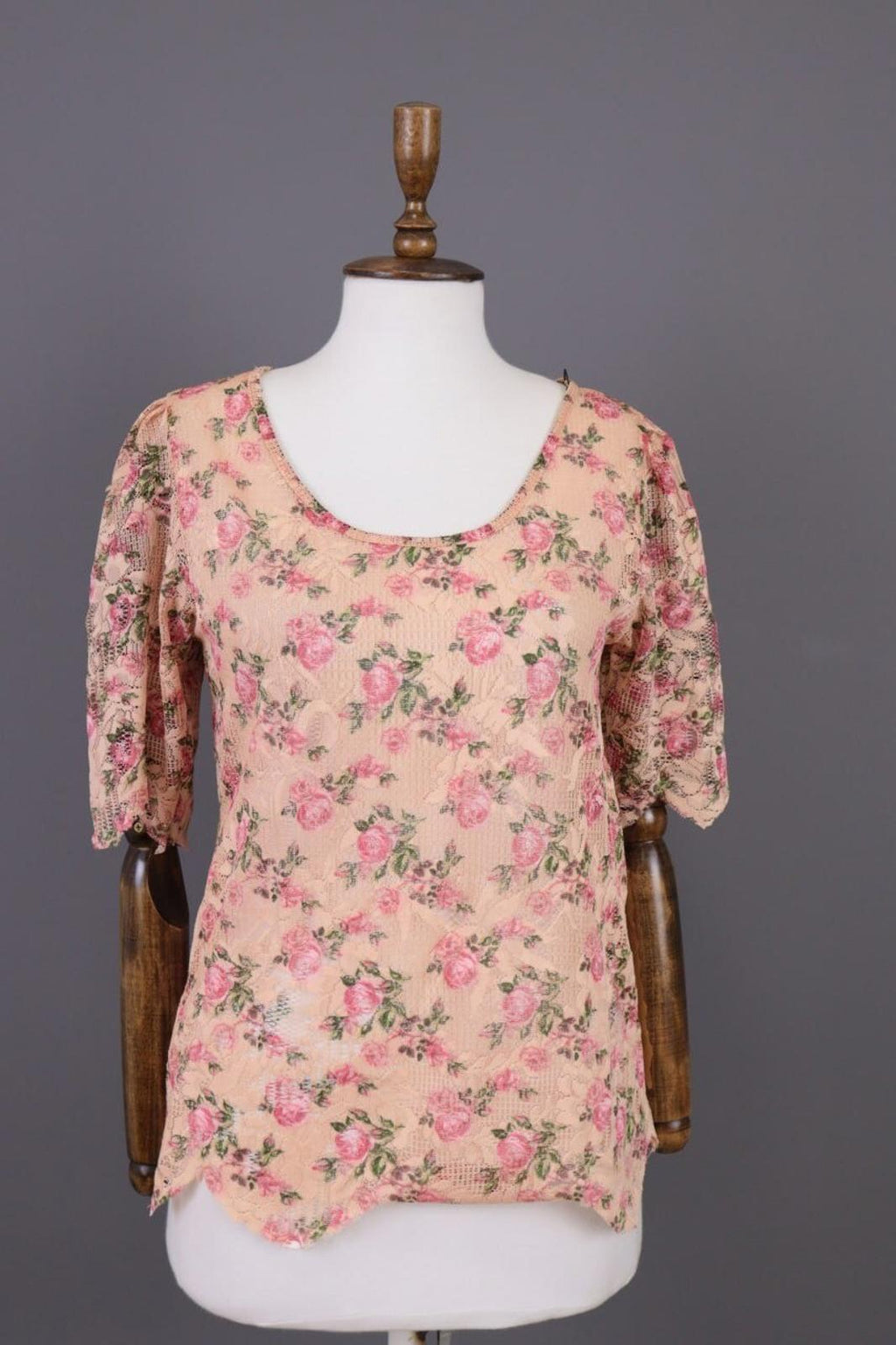 SEZANE Beige Floral Knit Mesh Short Sleeve Blouse Top Shirt – Size 36 / S