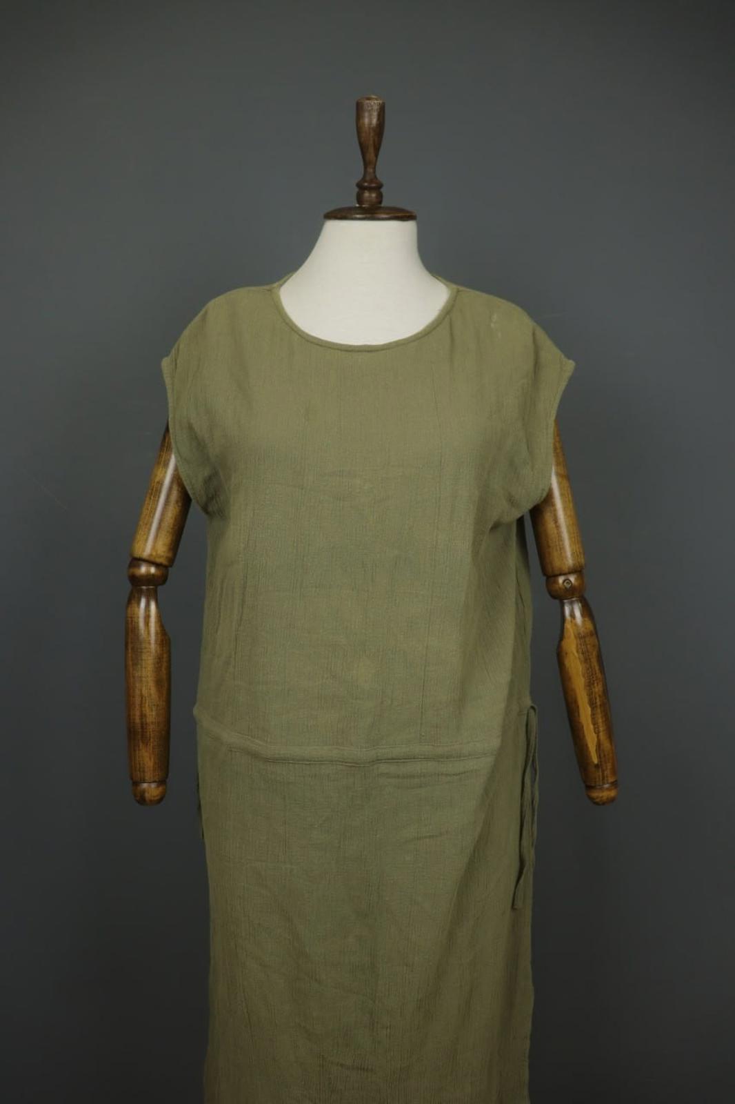 GUDRUN SJODEN Green 100% Cotton Round Neck Side Slit Sleeveless Long Dress Sz L