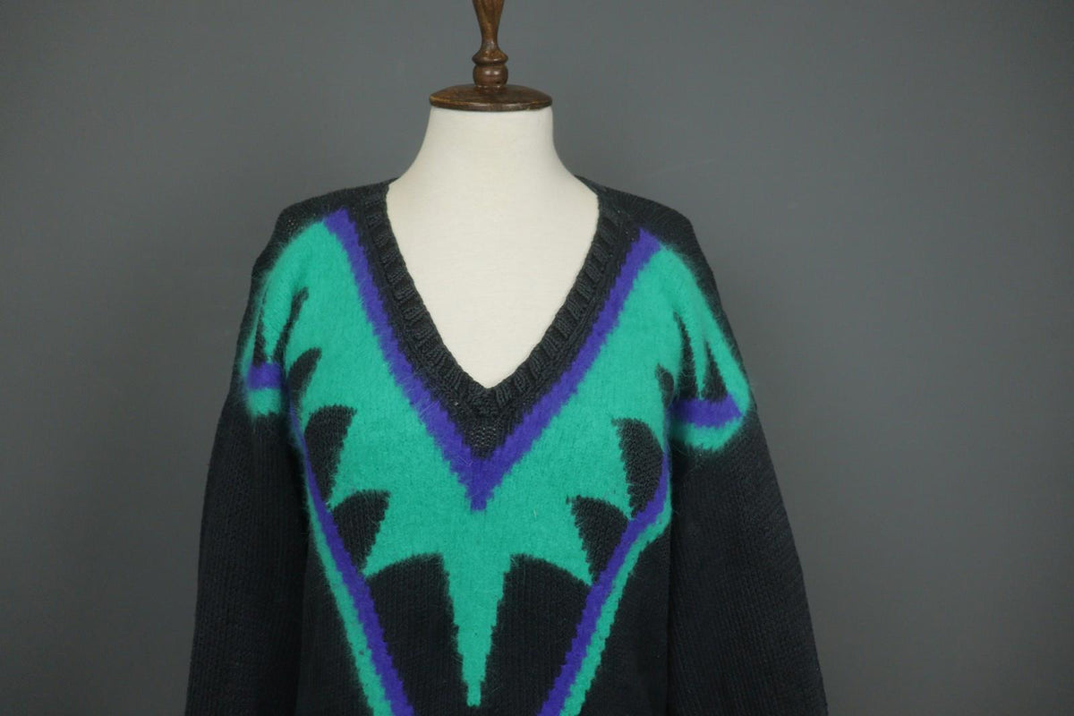 IRIS V ARNIM Multicolor Silk Chunky Knit Raglan Sleeve V-Neck Pullover Sweater