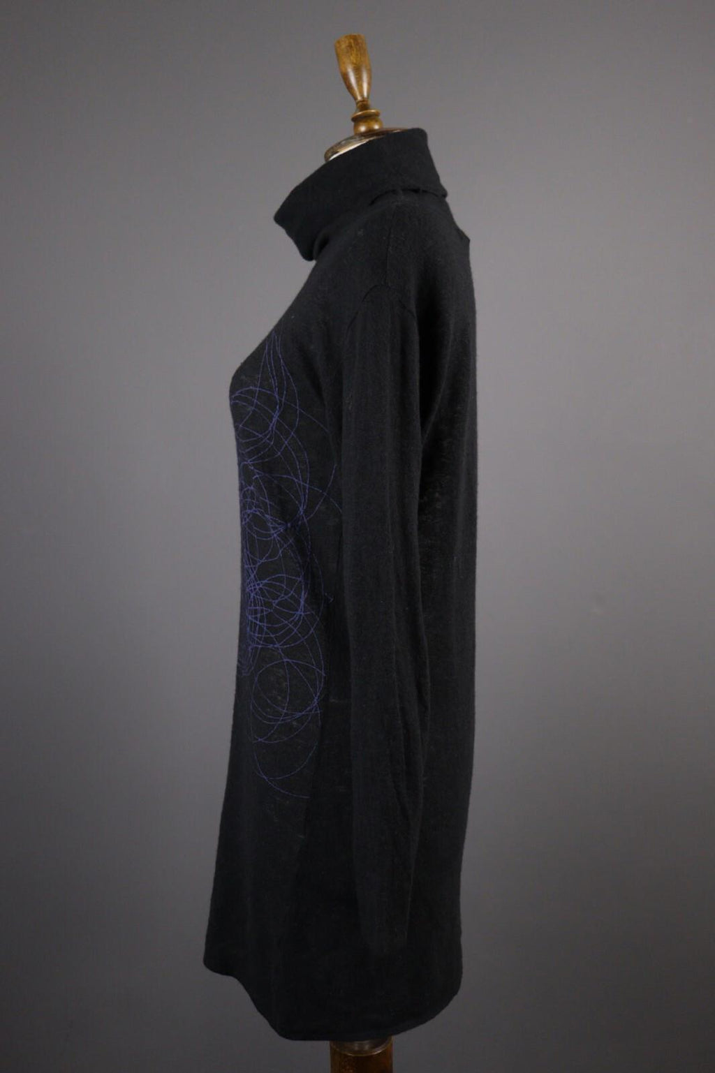SARAH PACINI Black Wool Abstract Oversize High Neck Sweater Midi Dress – Size L