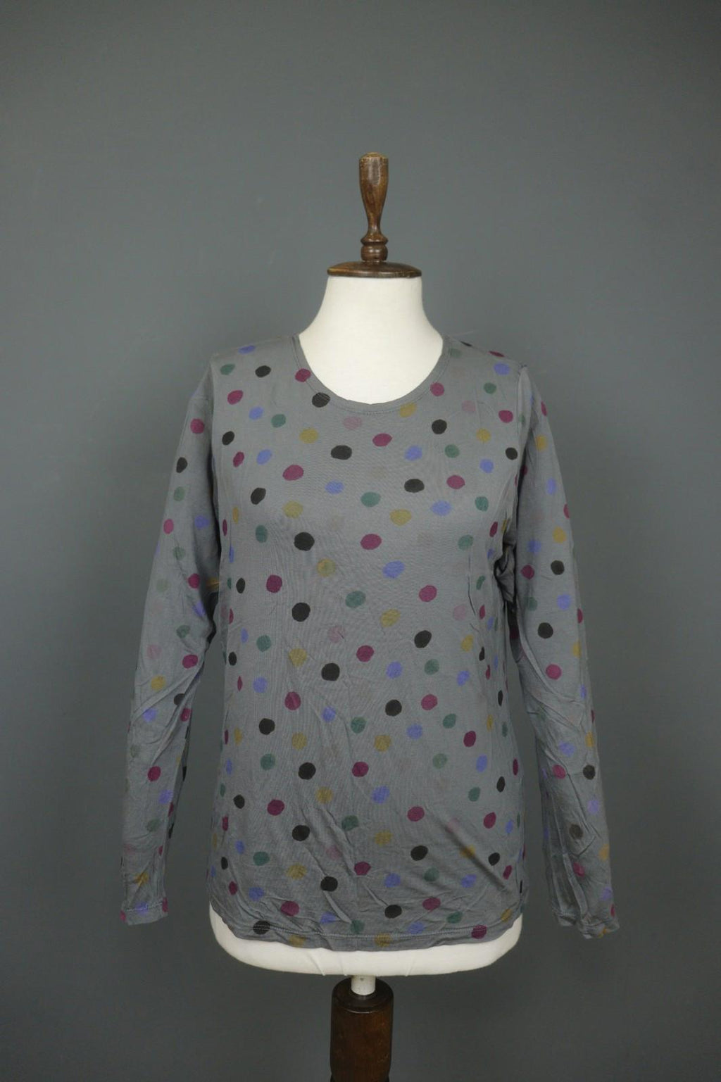 GUDRUN SJODEN Gray Polka Dot 100% Modal Long Sleeve Round Neck Knit Top – Size L