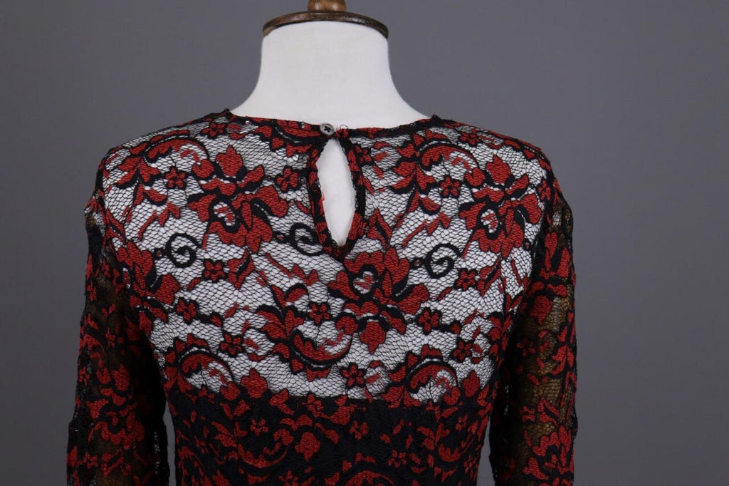 GANNI Red Floral Lace Embroidered Long Sleeve Bodycon Midi Dress – Size M