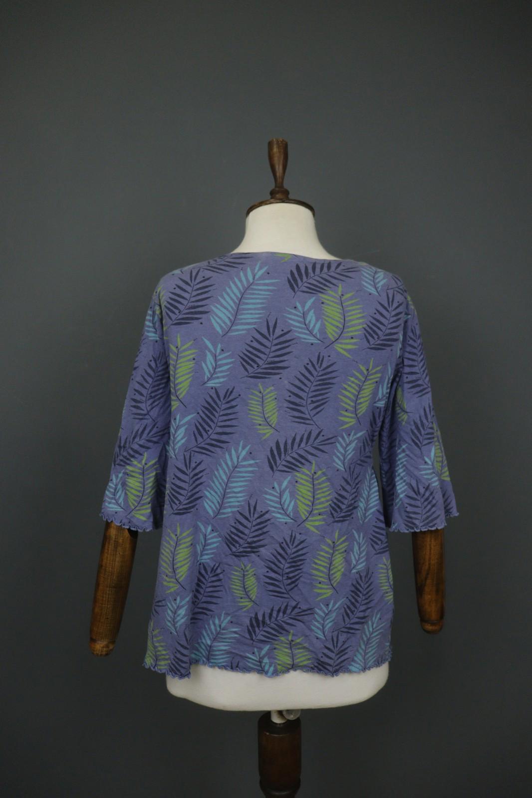 GUDRUN SJODEN Blue Palm Leaf Print Cotton 3/4 Sleeve Pullover Knit Top – Size M