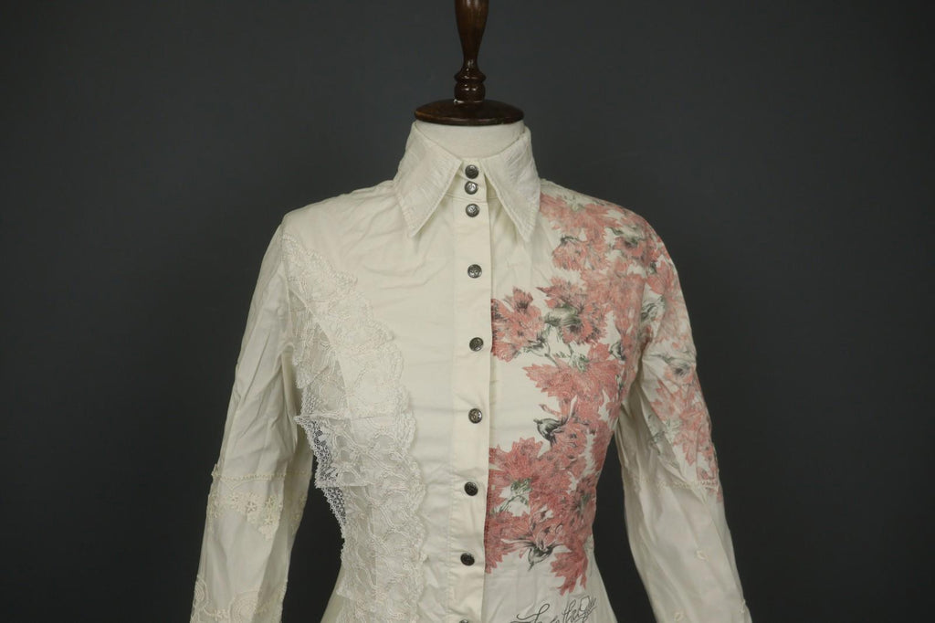 SAVE THE QUEEN White Floral Cotton Lace Long Sleeve Snap Button Shirt Top – Size S