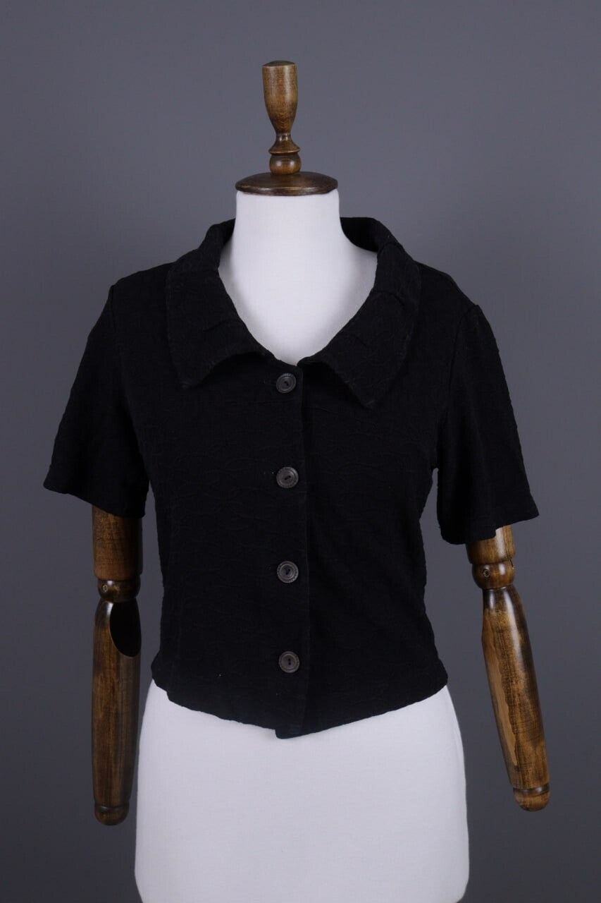 Transit Par Such 392 Black Floral Embroidered Short Sleeve Blouse Shirt Sz 3 / L