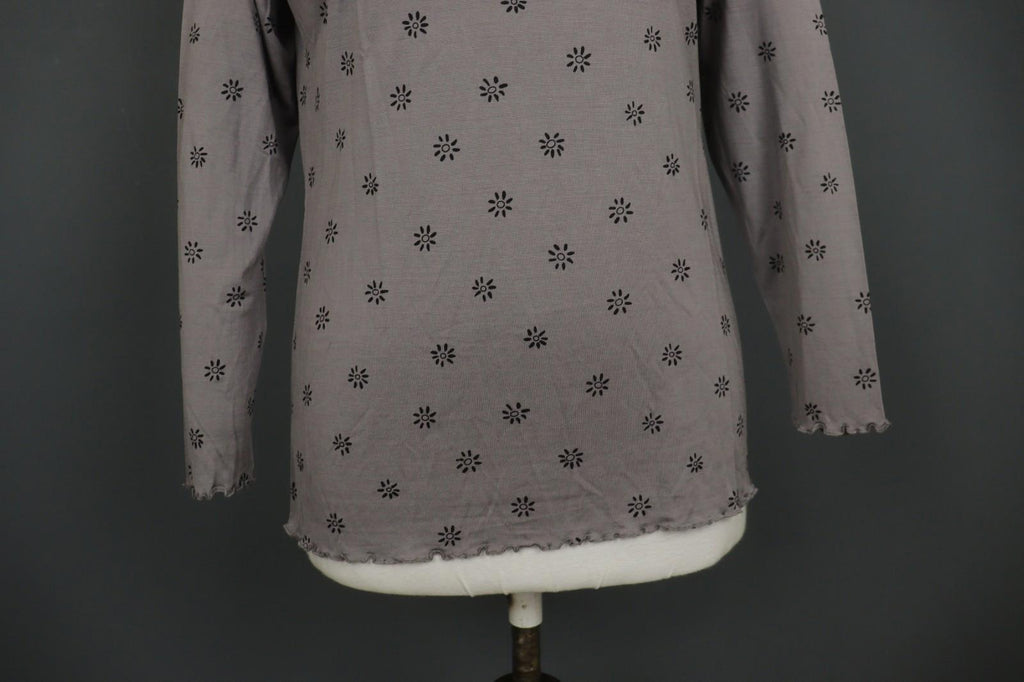 GUDRUN SJODEN Gray & Black Floral Silk Long Sleeve Round Neck Blouse Top – Size M