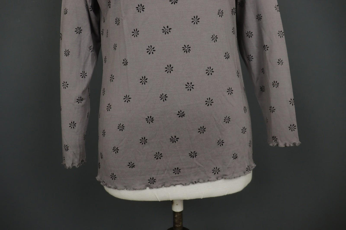GUDRUN SJODEN Gray & Black Floral Silk Long Sleeve Round Neck Blouse Top – Size M