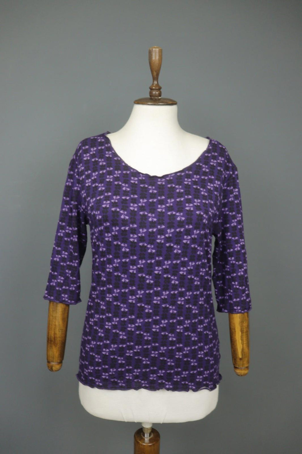 GUDRUN SJODEN Purple Viscose Floral 3/4 Sleeve Round Neck Blouse Top – Size L