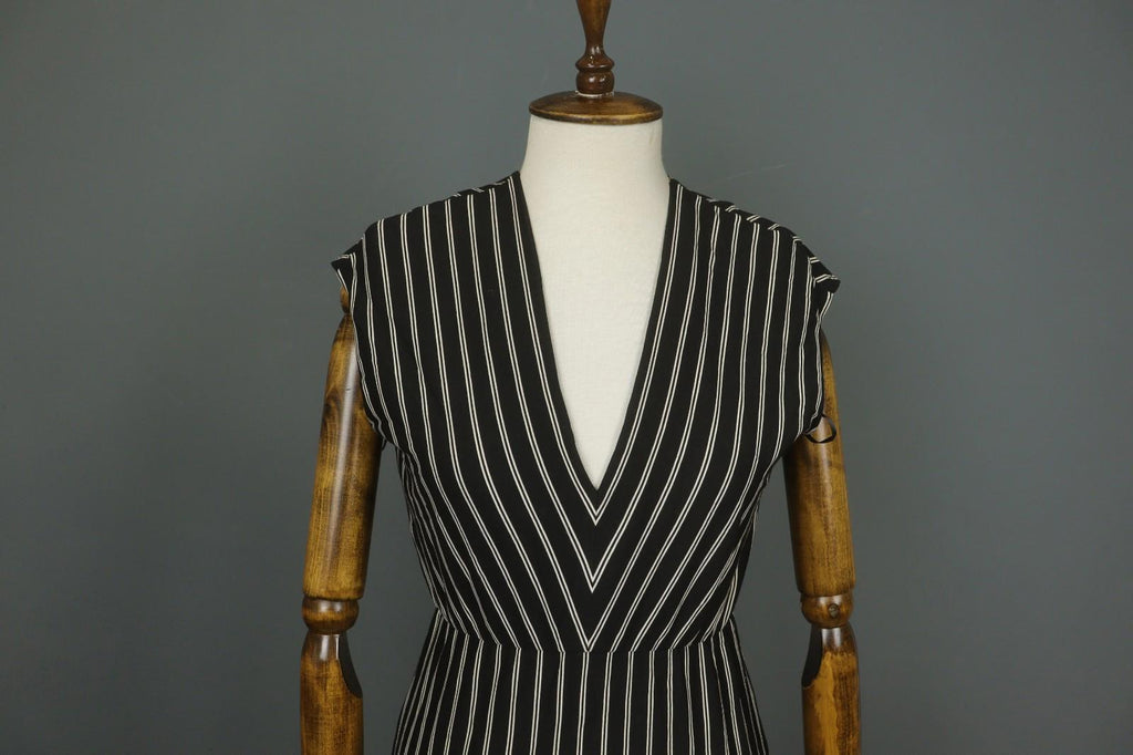MAX MARA Black White Striped Viscose Deep V-Neck Back Zip Sheath Dress – Size S