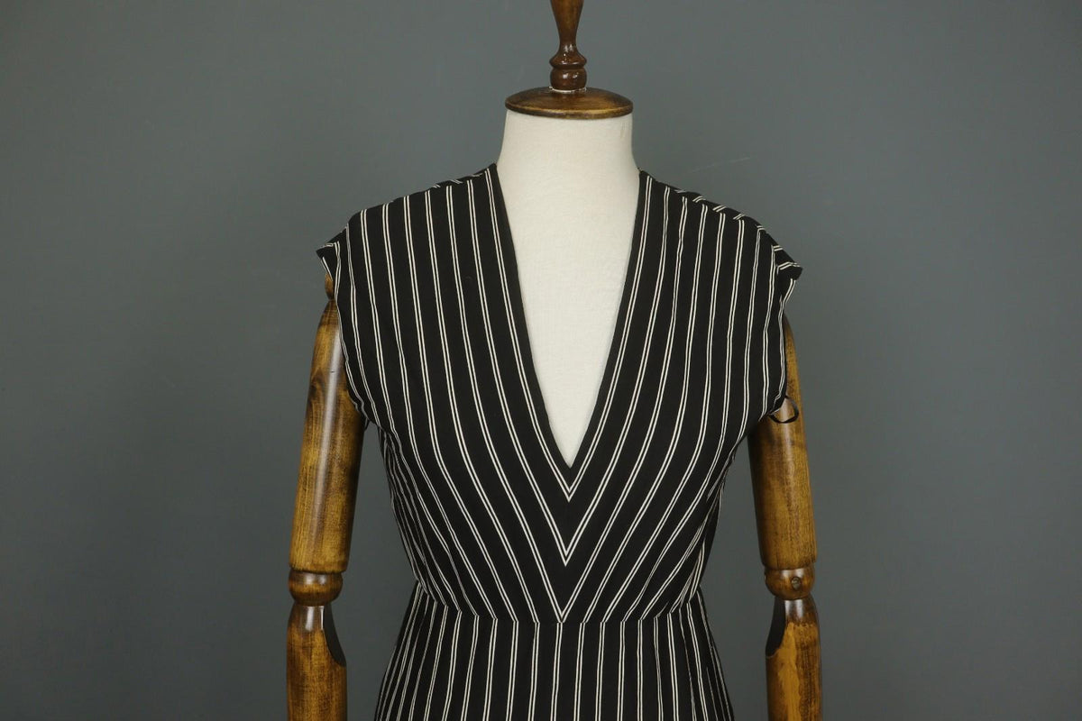 MAX MARA Black White Striped Viscose Deep V-Neck Back Zip Sheath Dress – Size S