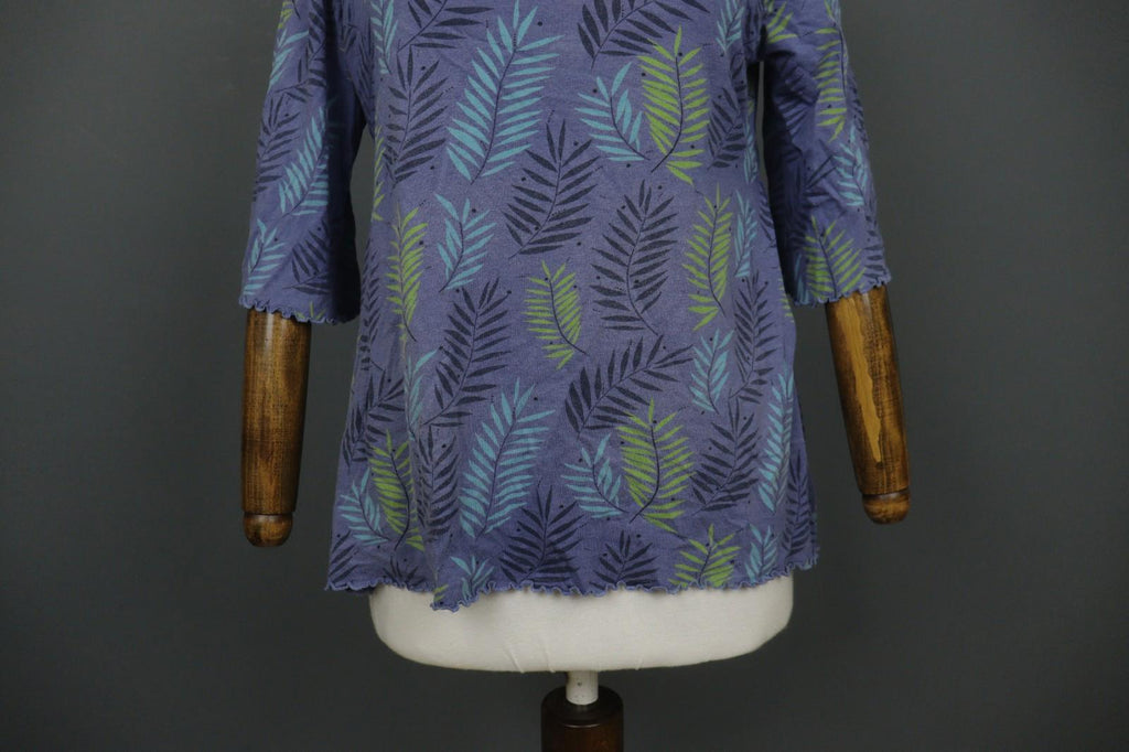 GUDRUN SJODEN Blue Palm Leaf Print Cotton 3/4 Sleeve Pullover Knit Top – Size M