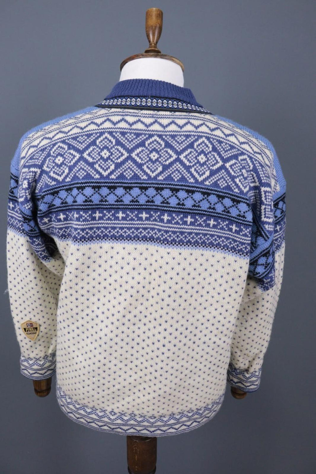 WIND-FJORD CALSSIC Blue / Beige Wool Full Zip Ski Jacket – Size S