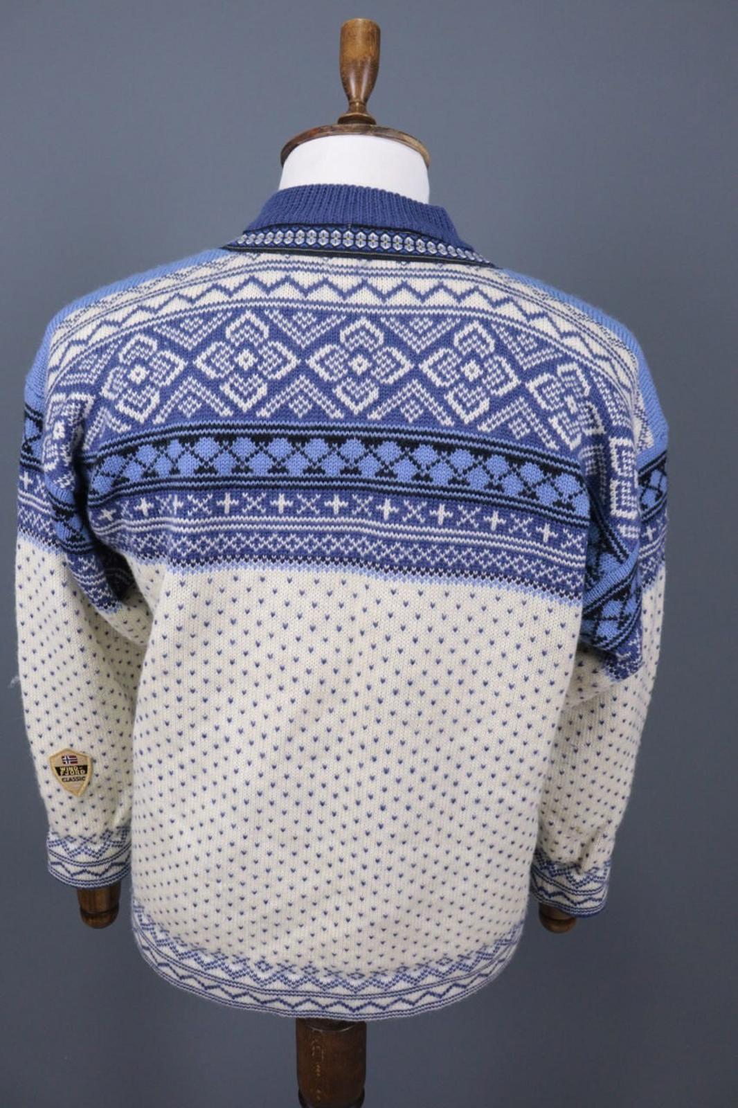 WIND-FJORD CALSSIC Blue / Beige Wool Full Zip Ski Jacket – Size S