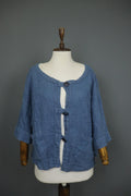 GRIZAS Blue Linen Knitted 3/4 Sleeve Pocket Hem Button Front Cardigan – Size L