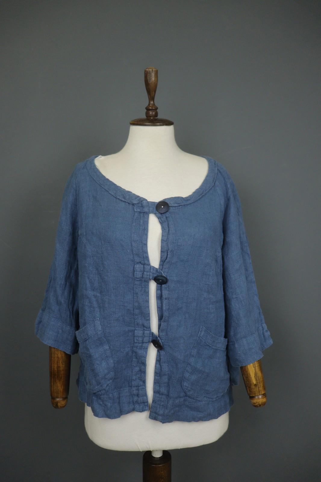 GRIZAS Blue Linen Knitted 3/4 Sleeve Pocket Hem Button Front Cardigan – Size L