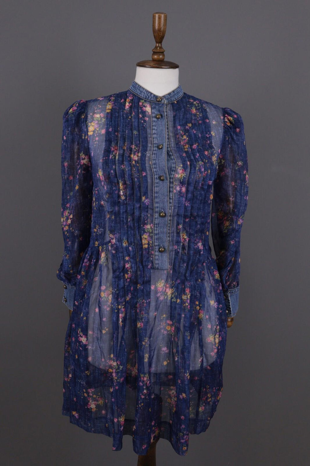 PHILOSOPHY Di Lorenzo Serafini Blue Floral Mesh Ruffle Long Sleeve A-Line Dress