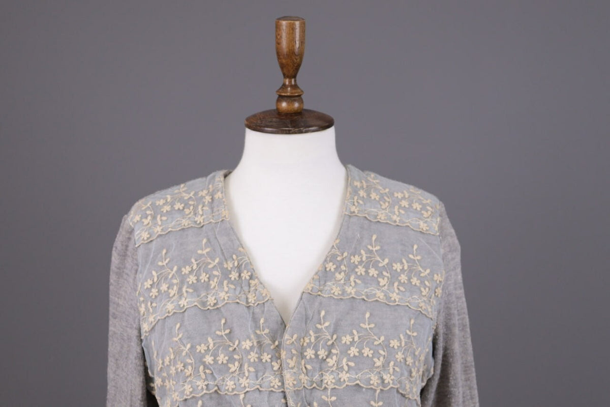 Elisa Cavaletti Gray Floral Mesh Wool Cropped Cardigan Sweater – Size L – Used