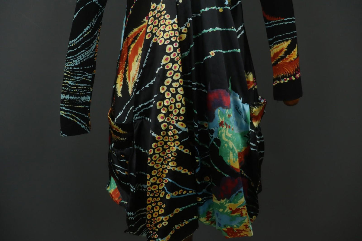 ROBERTO CAVALLI Multicolor Geometric Long Sleeve V-Neck Midi Shift Dress – Size L