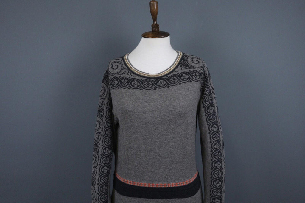IVKO Black Gray 100% Wool Crew Neck Long Sleeve Fit & Flare Dress – Size 42