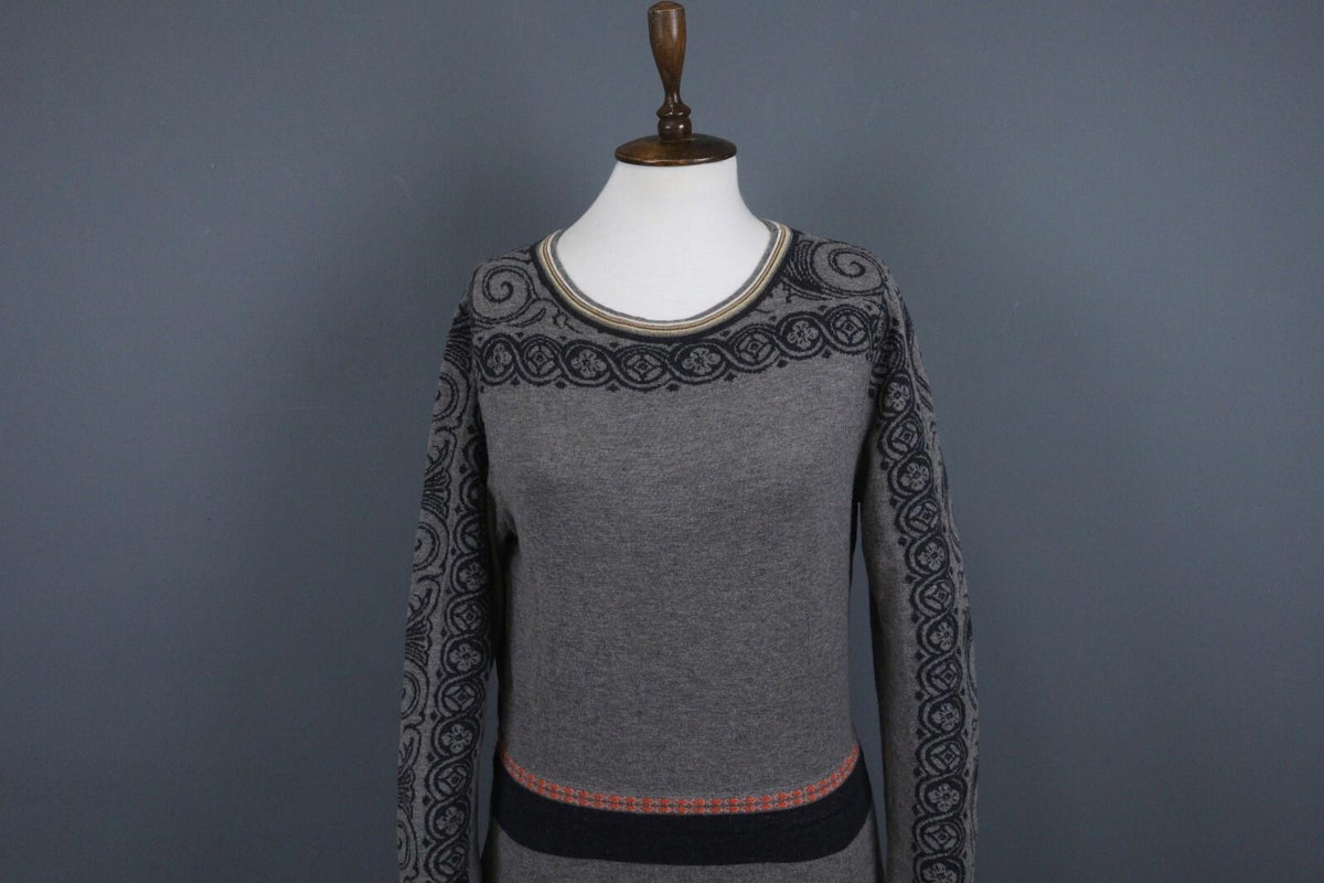 IVKO Black Gray 100% Wool Crew Neck Long Sleeve Fit & Flare Dress – Size 42