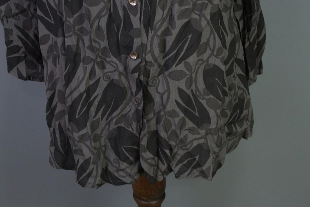 GUDRUN SJODEN Gray Black Leaf Print 100%Viscose Button Front Sheath Dress – Size L