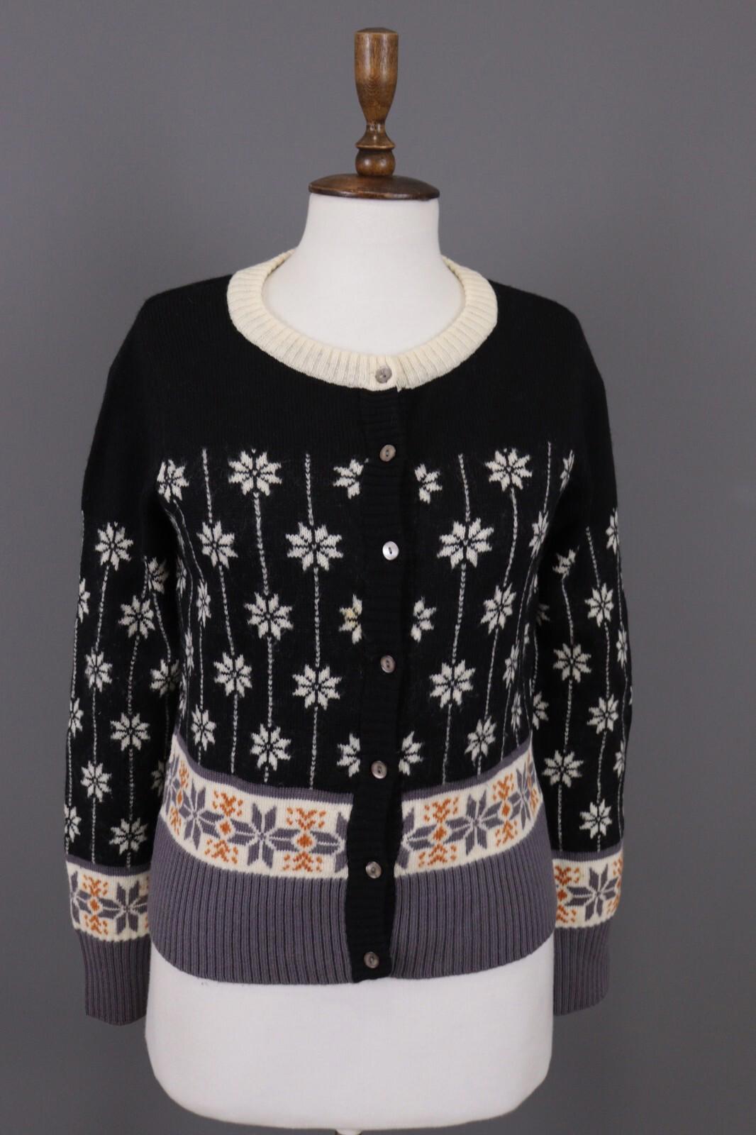 GUDRUN SJODEN Black Floral Wool Knit Cardigan Sweater – Size M