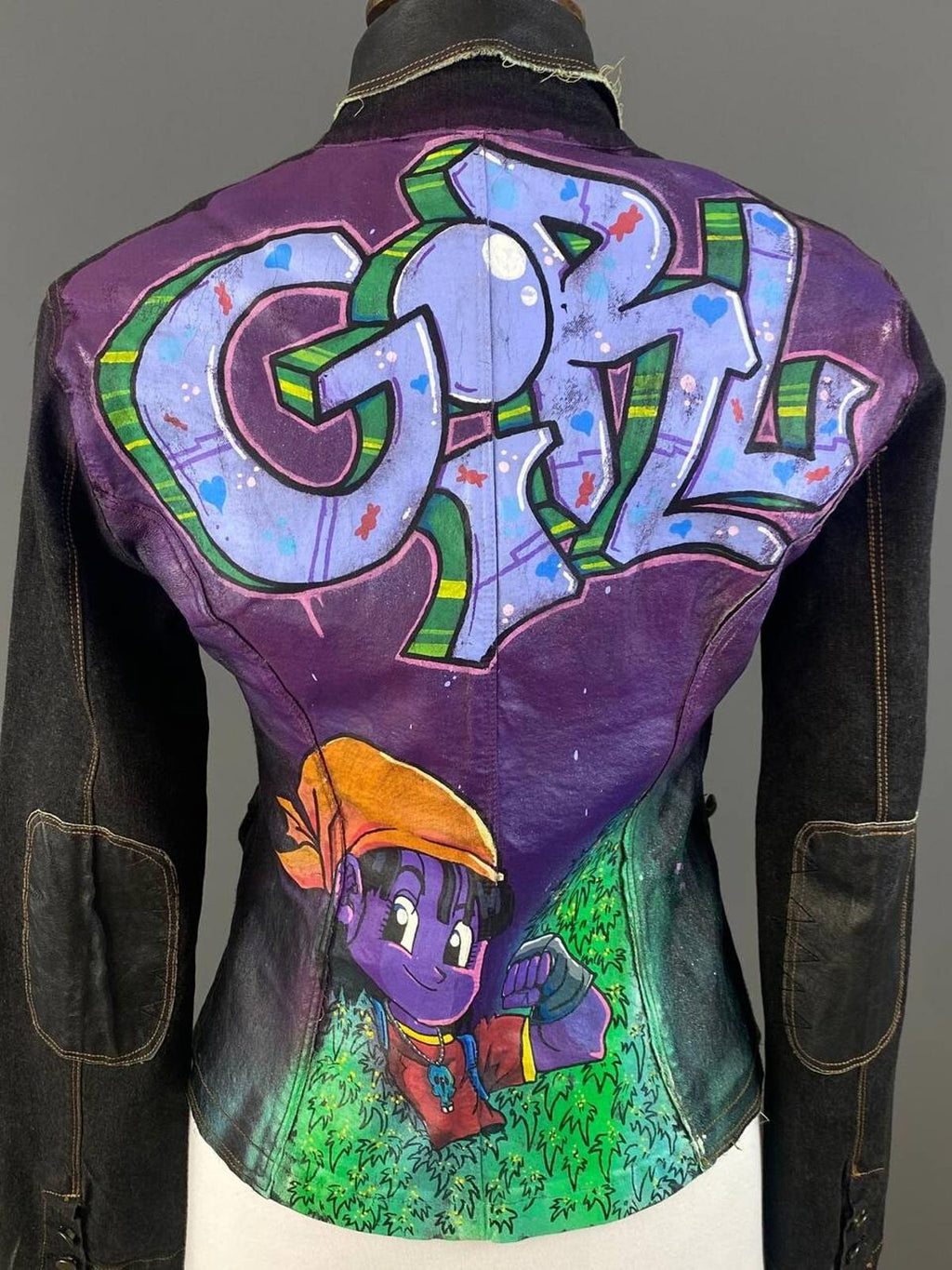 TRANSIT Jeans Black Elbow Patches Hand Print Custom Denim Jacket – Size M 2