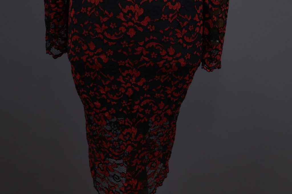 GANNI Red Floral Lace Embroidered Long Sleeve Bodycon Midi Dress – Size M