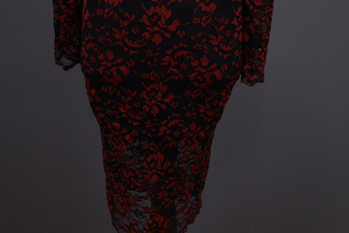 GANNI Red Floral Lace Embroidered Long Sleeve Bodycon Midi Dress – Size M