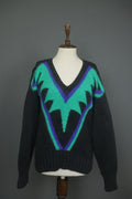IRIS V ARNIM Multicolor Silk Chunky Knit Raglan Sleeve V-Neck Pullover Sweater