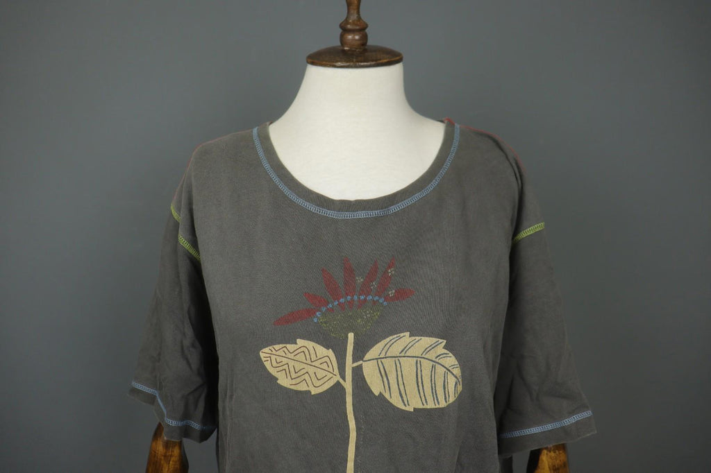 GUDRUN SJÖDEN Gray Palm Graphic Cotton Short Sleeve Round Neck T-Shirt – Size L/XL