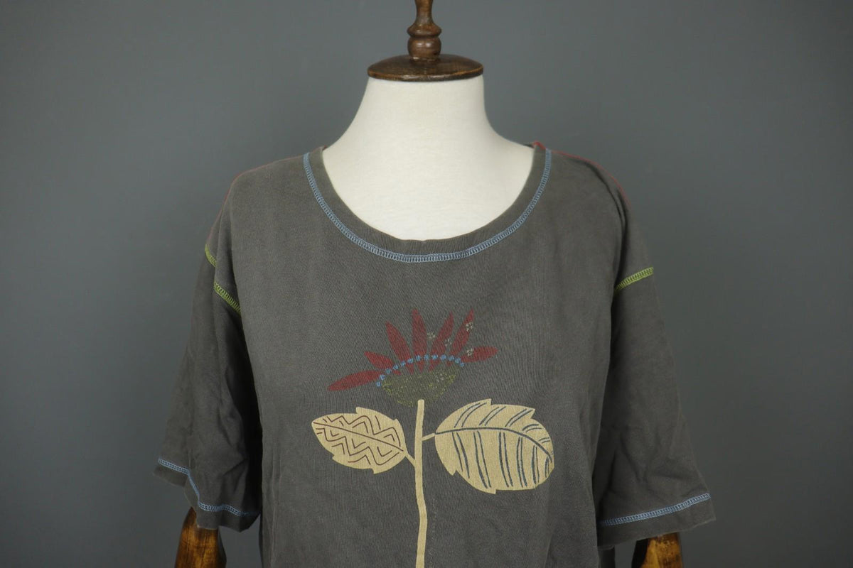 GUDRUN SJÖDEN Gray Palm Graphic Cotton Short Sleeve Round Neck T-Shirt – Size L/XL