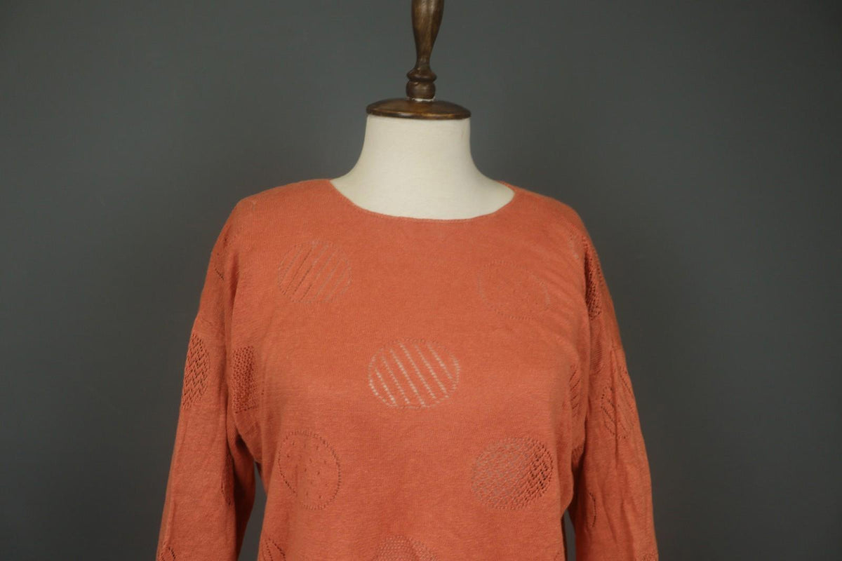 GUDRUN SJODEN Orange Linen Long Sleeve Round Neck Pullover Shift Dress – Size M