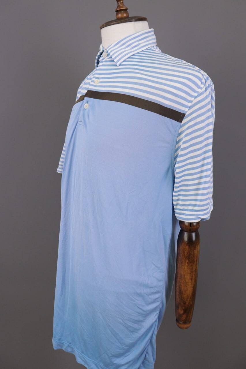 FJ FootJoy Athletic Fit Blue Striped Golf Short Sleeve Polo Shirt – Size L