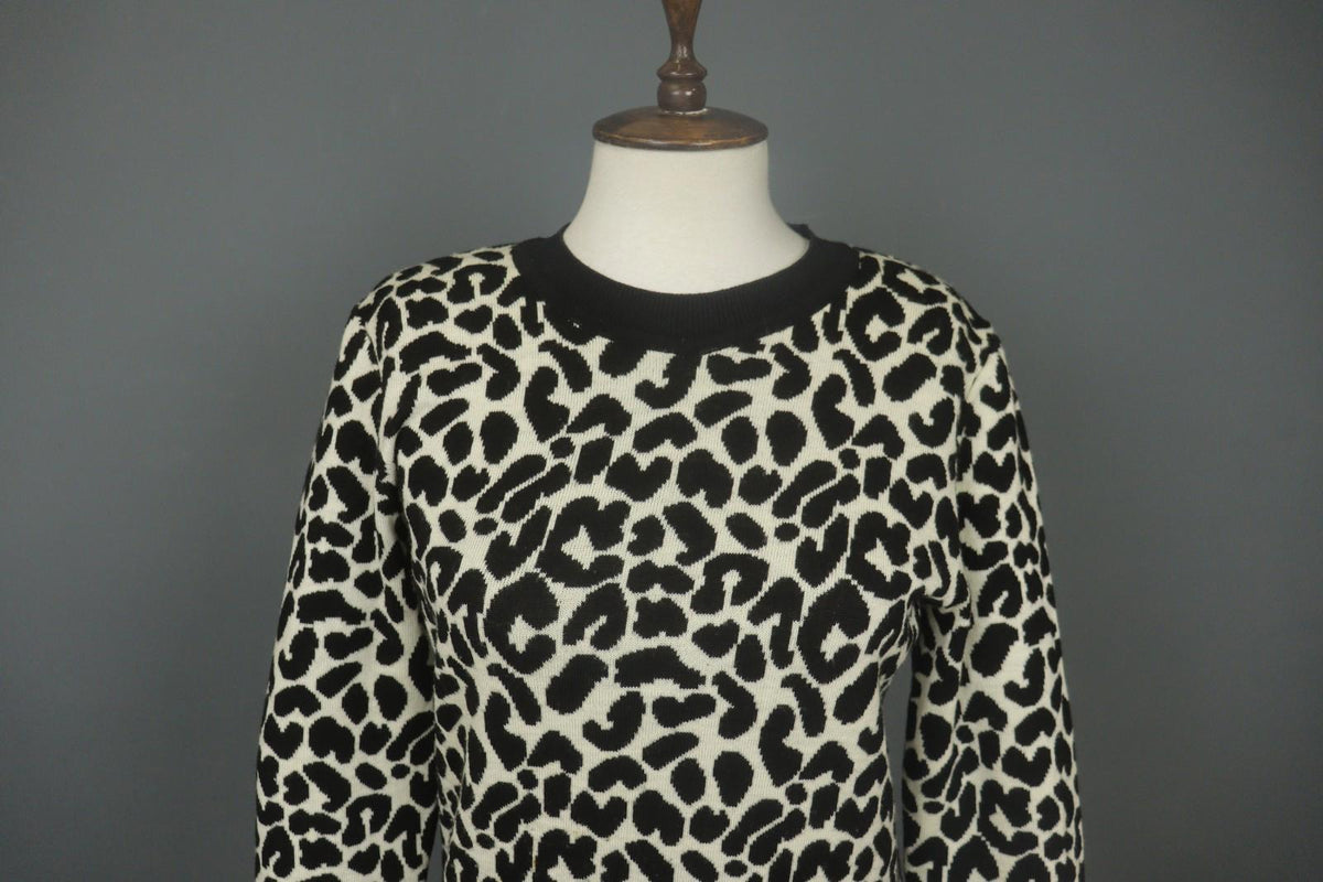 GIVENCHY Life Black White Leopard Print 100% Wool Long Sleeve Sweater Dress M/L