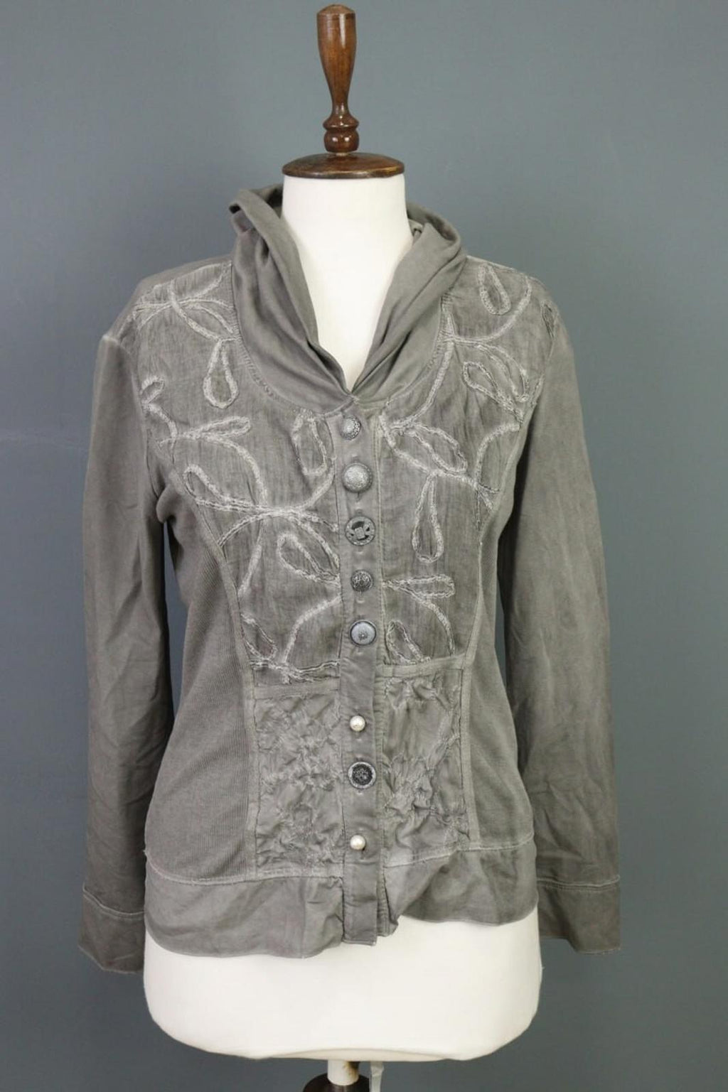 BOTTEGA Gray Lagenlook Designer Embroidered Cardigan Sweater