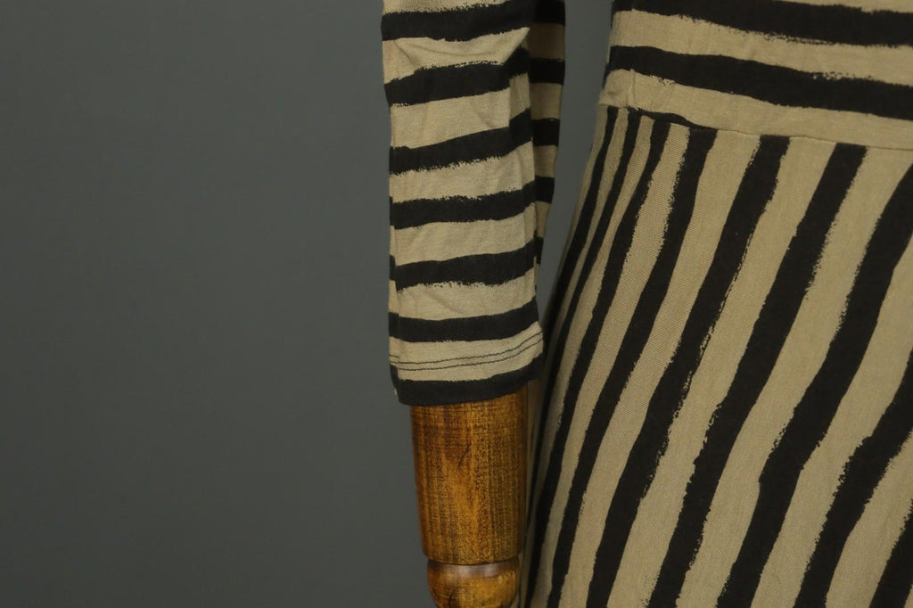GUDRUN SJODEN Brown Black Striped Lyocell Casual Round Neck Shift Dress – Size S