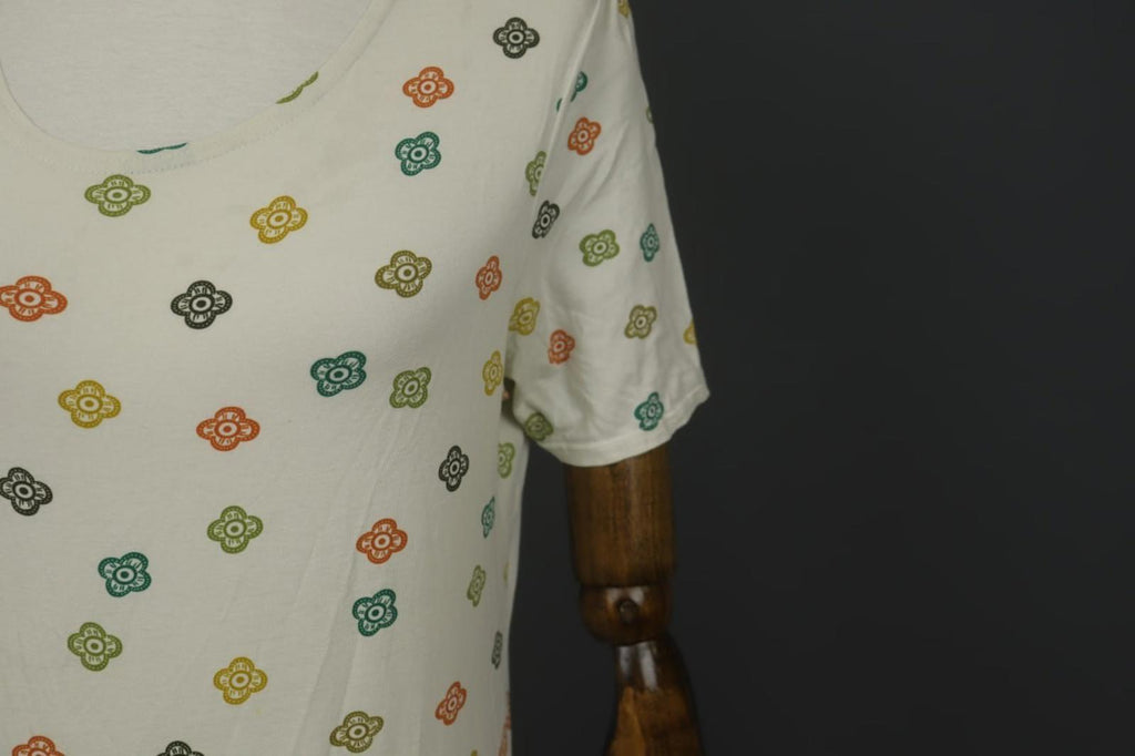 GUDRUN SJODEN Multi Floral Cotton Short Sleeve Round Neck Pullover Dress S/M
