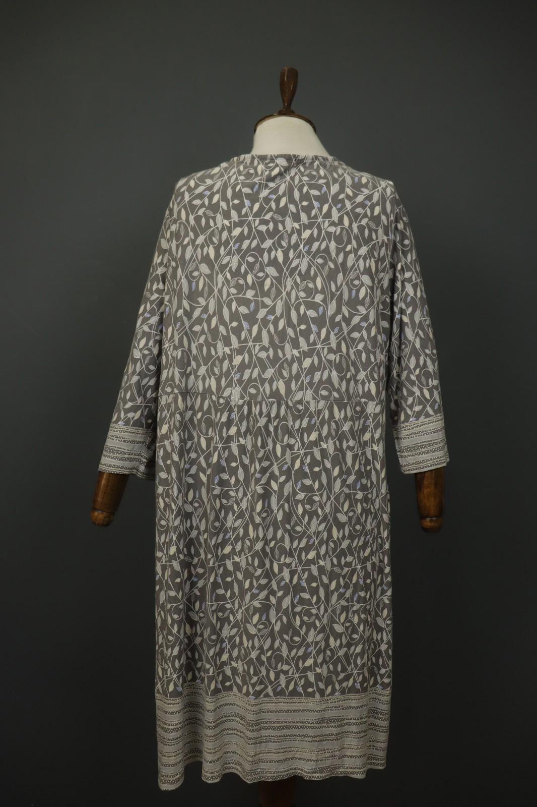 GUDRUN SJODEN Gray Leaf Print Cotton V-Neck Summer Pullover Maxi Dress – Size XL