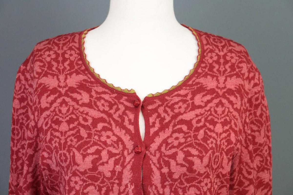OLEANA Red Floral Round Neck Long Sleeve Button Front Cardigan Sweater S/M