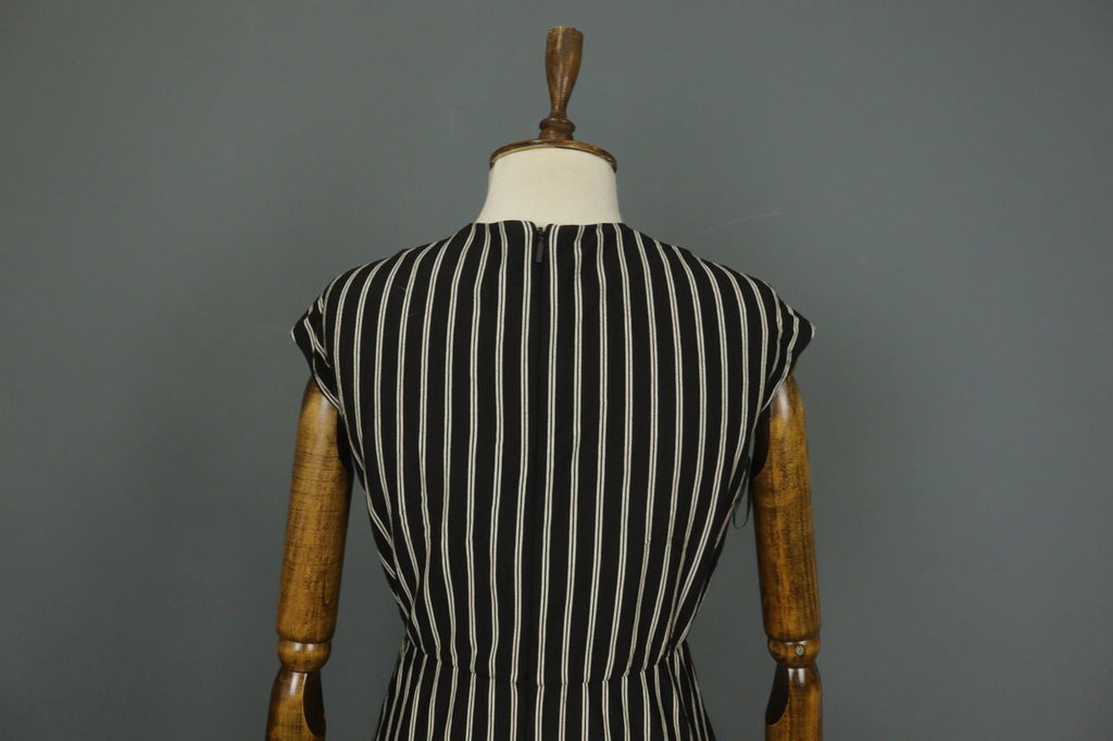 MAX MARA Black White Striped Viscose Deep V-Neck Back Zip Sheath Dress – Size S