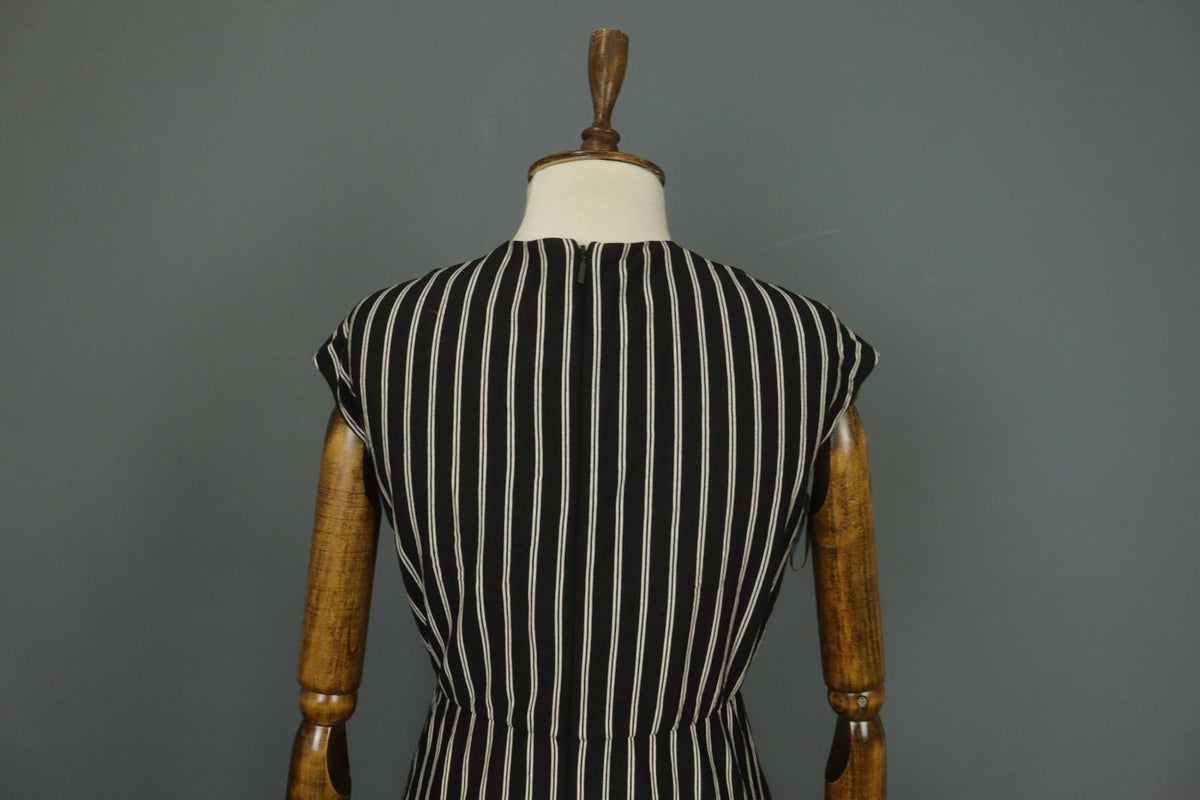 MAX MARA Black White Striped Viscose Deep V-Neck Back Zip Sheath Dress – Size S