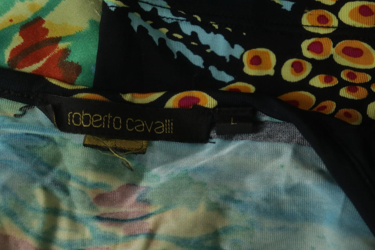 ROBERTO CAVALLI Multicolor Geometric Long Sleeve V-Neck Midi Shift Dress – Size L