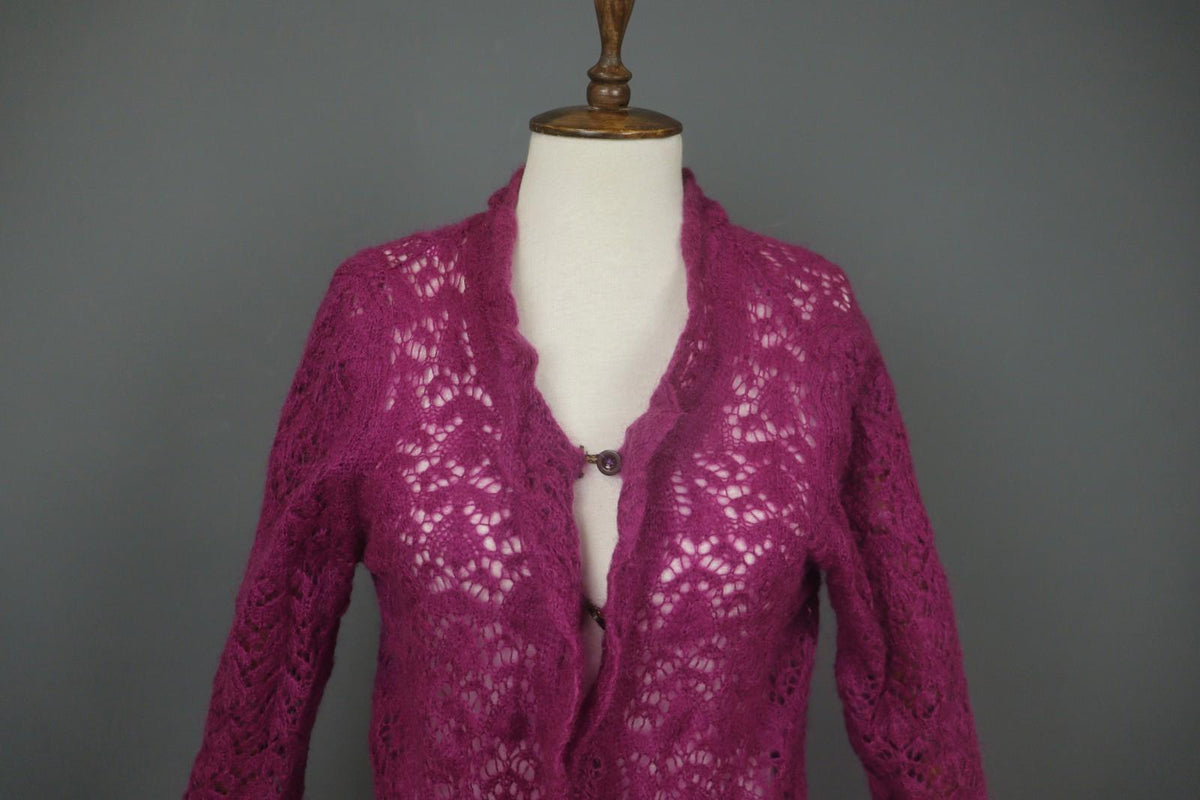 ANTHOLOGY AVOCA Pink Long Sleeve Button Front Asymmetrical Hem Crochet Dress