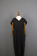 OSKA Black Linen Regular Fit V-Neck Casual Short Sleeve Long Maxi Dress – Size 2